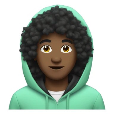 Person with black fluffy hair and minty hoodie sticker