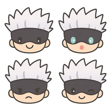 Create four different emojis of Satoru Gojo in a cute kawaii style with transparent background. Vary the facial expressions as happy, surprised, angry, and winking, while keeping the overall cute style consistent. sticker