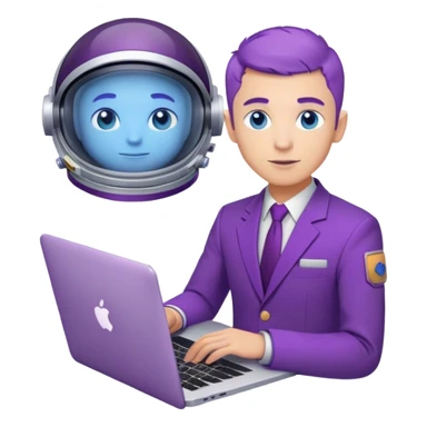guy astronaut with purple suit, blue eyes, short purple hair and one macbook sticker