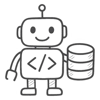 hand-drawn outlined icon of a friendly robot with a code snippet and database cylinder sticker