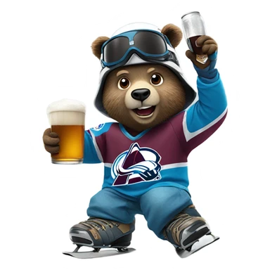 snowboarding bear with helmet and goggles in colorado avalanche jersey doing insane tricks while holding a beer sticker
