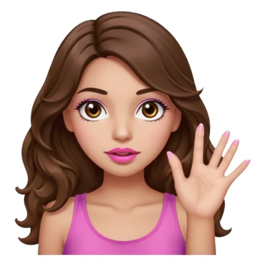 girl with long wavy brown hair, brown eyes, light to medium complexion, in a pink sexy top, pink puckered lips, long lashes, whatever with the hand out sticker