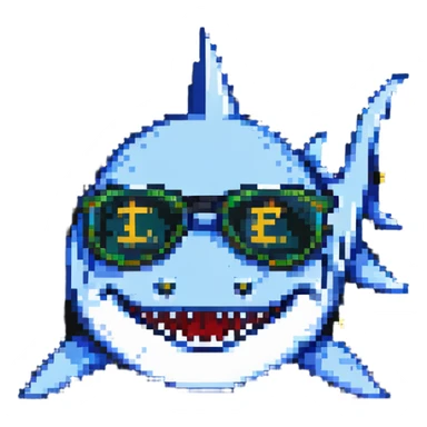pixel art shark with dollar sign glasses sticker
