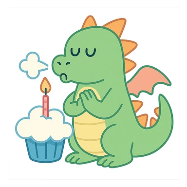 dragon with 1 line smiley eyes, blowing out candles on a cloud cupcake, in a 'making a wish' pose, pastel-toon style sticker