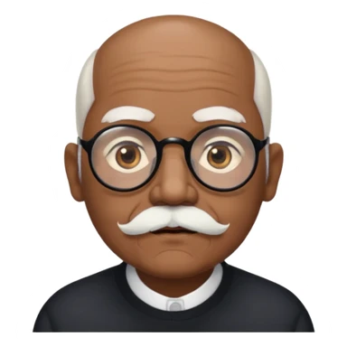 an elderly man with medium-dark skin tone, bald on top with short white hair at the sides, thick white eyebrows, large brown eyes, and wears black-framed glasses.
A small white beard sits above his mouth sticker