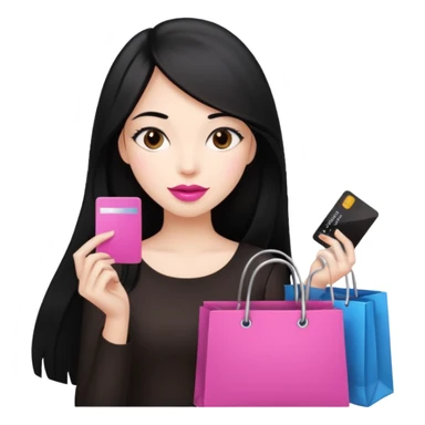 Girl with long black hair and pink lipstick, brown eyes holding shopping bags and credit card sticker