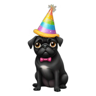 Black pug dog wearing a birthday hat sticker
