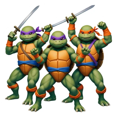 Give me a picture of 4 teenage mutant ninja turtles. Make them hold a fighting pose. One should be red, another orange, another purple, another blue sticker