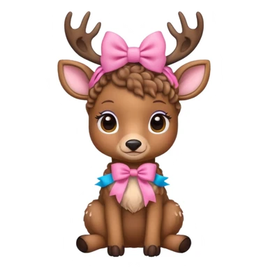cute deer with curly fur, sitting down, wearing a bow on its head. sticker