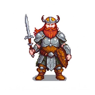 pixel art ginger viking with red beard and armor, running animation frame 4, pushing off ground sticker