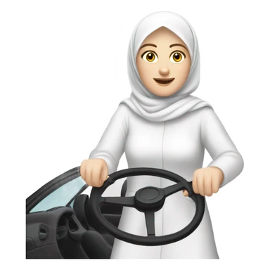 White skin, white hijabi women drives a car, steering wheel sticker