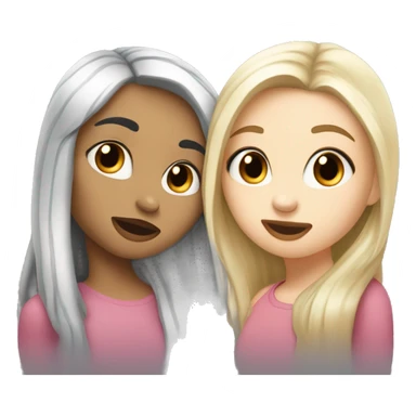 Girl kissing another girl on the cheek, both blushing. They both have white skin and long black hair sticker