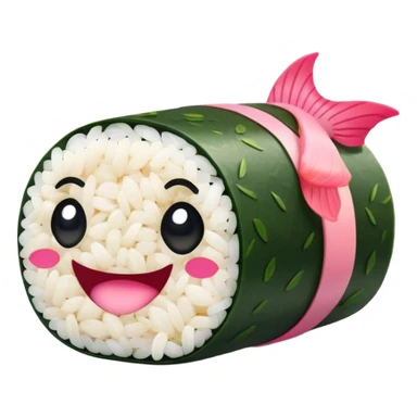 Cute Kawaii Maki Sushi Roll, small and round, wrapped in soft dark green seaweed, tiny grains of rice peeking out, a bright pink fish filling, a cheerful smiling face! sticker