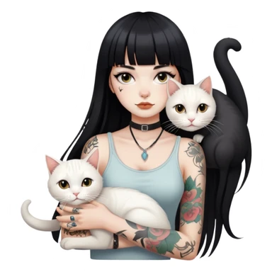 girl with long black  straight bangs hair and tattoos and a white cat sticker