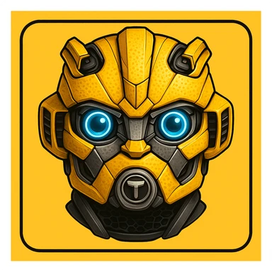 Edit the robot face to resemble the Transformers Bumblebee character more closely, while retaining the Toyota GR86 front features and the yuzu fruit texture. The image should have a yellow background with a black border and rounded corners. Maintain a style suitable for editing with clear details and vibrant colors to highlight these features. sticker