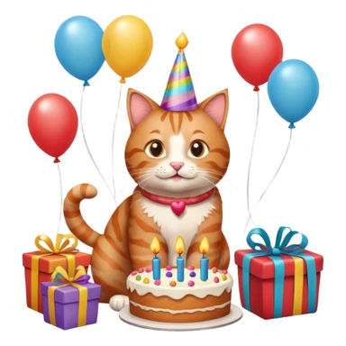 Ginger tabby cat celebrating birthday, birthday hat, birthday cake, balloons, happy, gifts sticker