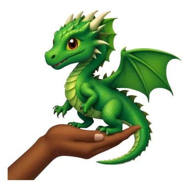 human hand holding small green dragon sticker