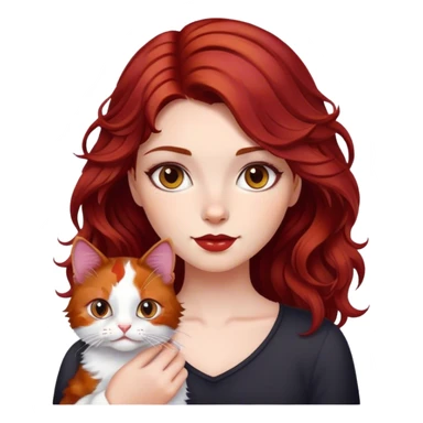 a girl with dark red cherry wavy hair with her cute calico cat sticker