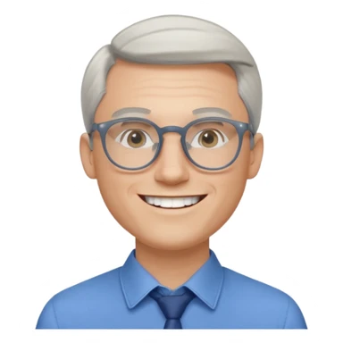 30 yr old pale white man, white/grey side swept stylish hair, round glasses, big smile, white teeth, handsome, longer hair, thin glasses, blue dress shirt sticker