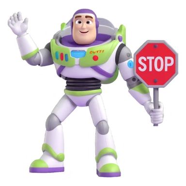 Buzz Lightyear character with a red stop sign above him sticker