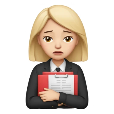  emoji character wearing a interview clothoes. face has a very sad crying, disappointed expression with drooping eyebrows and half-closed eyes. posture is dejected, with slumped shoulders. just rejected from  interview to get a job, holding CV. dont make it old person and make it woman. sticker