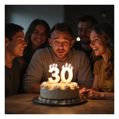 hyperrealistic 4K scene of a man blowing out candles on a cake with the number 30, ironic or worried expression, friends smiling and watching, festive atmosphere sticker