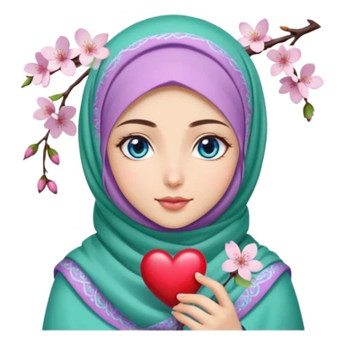 Turkish beautiful finish Konya girl blue eyes with cherry blossom flower lila green design hijab and hold heart in her hand  sticker