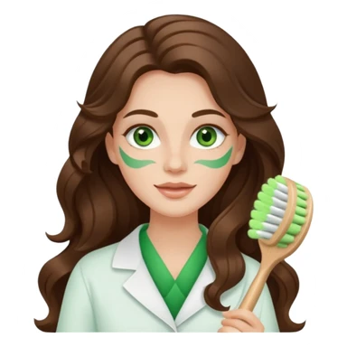 Aesthetician with long brown wavy hair, she has green eyes holding a white facial brush sticker