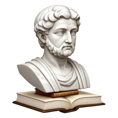 An icon featuring a classical bust, a book of philosophy, symbolizing the study of philosophy. The design includes an abstract symbol of thought and reasoning, representing deep intellectual inquiry and exploration of ideas. Transparent background sticker