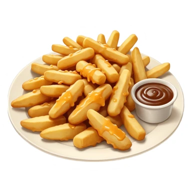cheese curds with gravie on fries in a white plate sticker