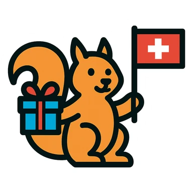 squirrel holding a gift in one hand and a Swiss flag in the other, color outline icon style sticker