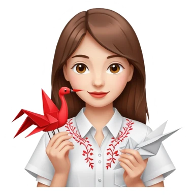 Happy Ukrainian young girl with brown hair in a white embroidered shirt holds an origami red crane sticker