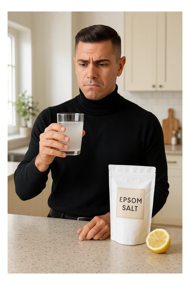 A realistic, bright photo-style image of a young man in his 30s standing in his kitchen, holding a clear glass filled with water in which Epsom salt (magnesium sulfate) has been dissolved. He looks focused but slightly uncertain as he prepares to drink it for a liver flush or digestive cleanse. The glass shows slight cloudiness from the dissolved salt. On the counter are a packet labeled 'Epsom Salt' and a sliced lemon, suggesting he might use it to mask the taste. The setting is clean, natural, and bright with neutral tones. The background shows sunlight streaming through a window, emphasizing a clean, minimalist health-focused environment. The mood conveys a realistic, calm moment of self-care with a hint of discomfort, illustrating a natural detox practice sticker