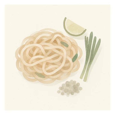 pad thai, watercolor style, soft edges, artistic, noodles, garnish, lime sticker