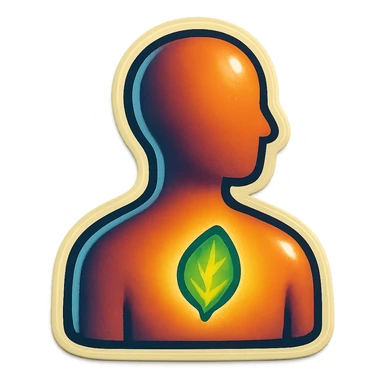 human silhouette or body with a leaf symbolizing mental health, leaf is glowing or highlighted, placed on the chest or face, retro stickers style, clear outlines, strong shadows and highlights, fun and not too complex, psychosomatics and psychology theme sticker