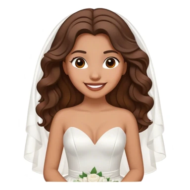 Tan, Dark Brown haired girl, long Hollywood wave hair, in white wedding dress smiling sticker