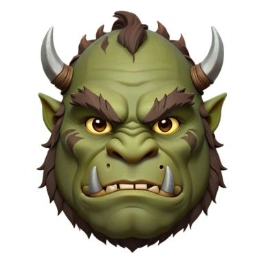Cinematic Noble Ogre Portrait Emoji, Majestic and imposing, with a rugged, muscular form in deep earthy greens and browns, adorned with battle scars and subtle tribal markings, exuding calm, noble strength and unexpected wisdom, simplified yet strikingly detailed, glowing with a shadowy outline that captures the essence of a gentle giant with fierce heart! sticker