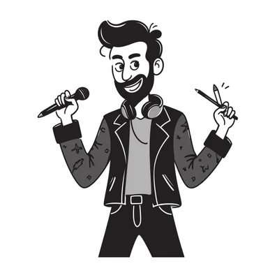 rock star with neat trimmed beard, tattooed arms, headphones resting on shoulders, happy expression, holding mic in one hand and pencil in other sticker