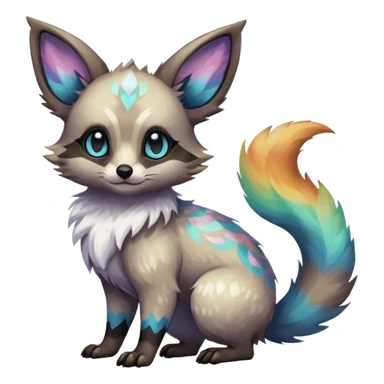 Rare iridescent white exotic epic aesthetic colorful Trico-Eevee-Civet-species-Fakemon-hybrid-creature, with intricate tattoo markings, full body sticker
