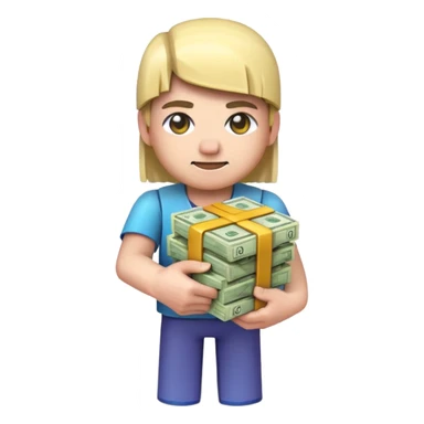 emoji style icon, minecraft blocky character holding a stack of money, pixel art style, bright colors, simple background, 3D glossy emoji, centered composition, soft shadow, high detail, clean outline, white background sticker