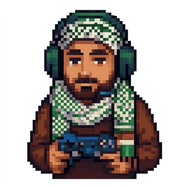 Create a pixel art style image of a man who is a Palestinian gamer wearing a headset and holding a game controller. Include a keffiyeh pattern in the design. The background should be removed, focusing on the character and gaming elements. sticker
