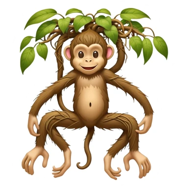 A whimsical character with human feet, tangled plant roots as legs, and a smiling monkey head sticker