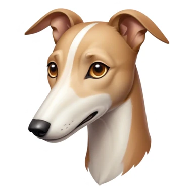 Cinematic Noble White and Brown Greyhound Portrait Emoji, Poised and regal, with a slender, aerodynamic build and a sleek Fur of pristine white accented by warm brown markings, deep-set soulful eyes, Simplified yet sharp and sophisticated features, highly detailed, glowing with a soft, dignified glow, high shine, intelligent and agile, stylized with an air of elegance, focused and attentive, soft glowing outline, capturing the essence of a watchful and swift companion, so majestic it feels as though it could dash out of the screen with effortless authority! sticker