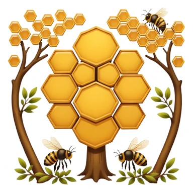 A small hive nestled between tree branches with worker bees. sticker