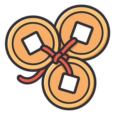 three Chinese coins with square holes tied with a red thread, icon-color-outlined style, detailed shadows and highlights, thin clean outlines, soft rounded shapes, pastel palette #98B5BC, #B5B3C1, #C9A3C9, #E4C0CA, #F7DCD1, #F7C0AA, modern Japanese pop art and sticker aesthetic, high detail, vector sharpness, soft lighting, transparent background sticker