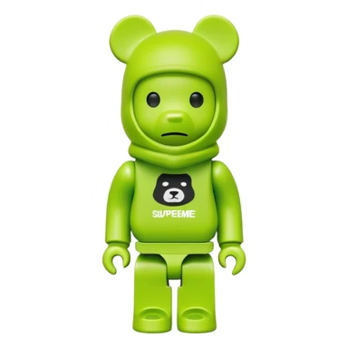 bearbrick toy wearing a lime green balaclava with a Supreme logo print sticker