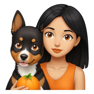Black hair girl with dog and orange sticker
