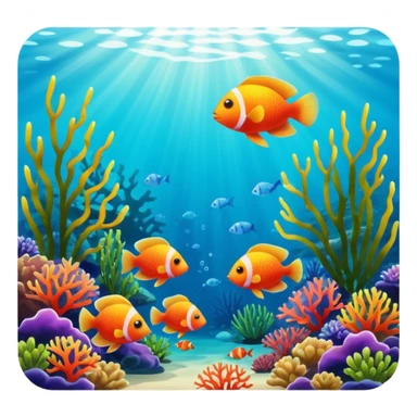 underwater seascape image capturing the beauty of the ocean depths. Include coral reefs, exotic fish, and aquatic plants, with sunlight filtering through the water to create dramatic lighting and a play of colors sticker