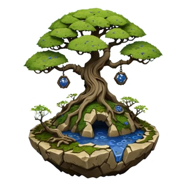 Alien spacecraft hanging-vines mountain-island landscape mudman very old broken cracked intricate Stone Age rocky-crusted irregular dodecagon-shaped shallow dark moss rough bark blue willow flowered maple tree bonsai pot sticker