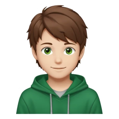 the face of an Anime teen boy with brown hair, green eyes, looking smiling slightly sideways positioned. Face must be main filling of the emoji. A little piece of hoodie can be visible. 128px sticker